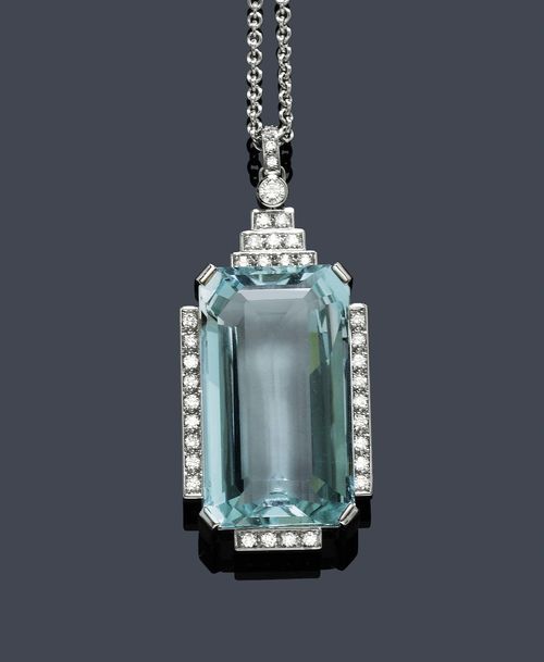 AQUAMARINE AND DIAMOND PENDANT WITH CHAIN, ca. 1950. White gold 750. Elegant, geometrically designed pendant in the Art Deco style, set with 1 step-cut aquamarine of ca.. 44.21 ct, additionally decorated with 37 brilliant-cut diamonds weighing ca. 0.77 ct. On a fine anchor chain, L ca. 50 cm. With copy of insurance estimate, 2005.