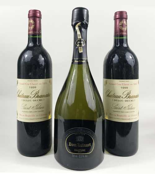 LOT DE 3 BTS : 1 bt Champagne Dom Ruinart Brut 0.75 L 1998 ; 2 bts Saint-Julien Ch. Branaire (Duluc-Ducru) 4ème Grand Cru Classé 0.75 L 1999