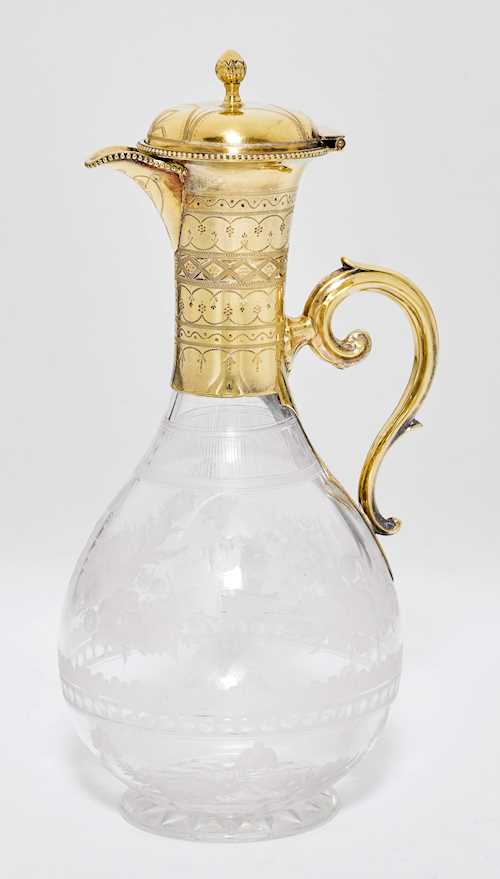 SILVER-GILT AND GLASS DECANTER,