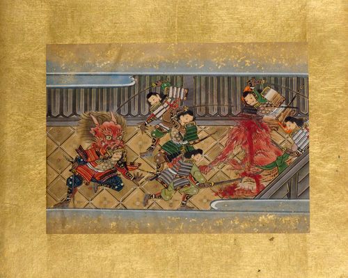 A TOSA SCHOOL SHUTEN-DÔJI LEPORELLO ALBUM. Japan, Edo period,  24x30 cm. Ink, colours and gold on paper. 24 leafs, mounted on gold paper. Rich in details and nice brocade binding, slightly used. Light foxing and little wormholes.