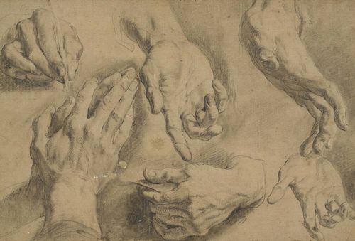 Attributed to RIGAUD, HYACINTHE (Perpignan 1659 - 1743 Paris), Study of hands. Black chalk on brownish laid paper. Laid on support. Old inscription in pencil on its verso: H. Rigaud Etude de mains. 27.5 x 39.3 cm. Framed.