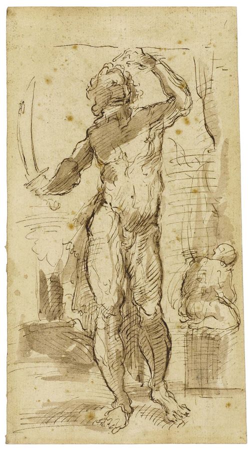 Circle of BISON, GIUSEPPE BERNARDINO (Palmanova 1762 - 1844 Milan), Male nude pacing with a sword drawn. Brown pen and brush. 22.7 x 12.5 cm (irregular).