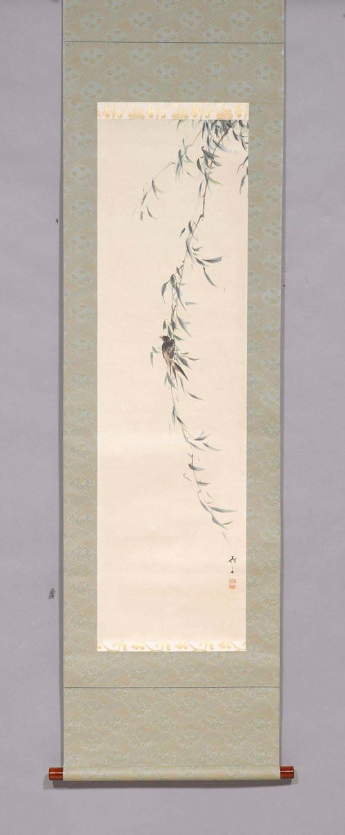 A HANGING SCROLL OF A WILLOW AND A BIRD BY NUMATA KASHÛ (1838-1901). Japan, Meiji period, 110x31 cm. Ink and colours on paper. Signature and two seals. Wood box.