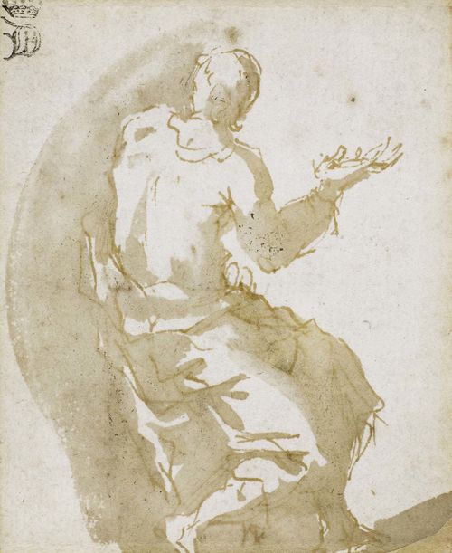 ITALIAN, 17th c. Man seen from the rear, moving. Brown pen and brush. 8.7 x 6.8 cm. Framed. Provenance: - Earl of Dalhousie, Scotland, Lugt 717a