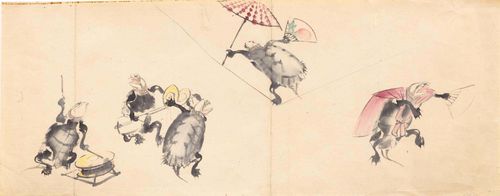 A TURTLE'S CIRCUS. Japan, 19th c. 27x69 cm. Ink and colours on paper. Possibly part of a handscroll, painted in the style of Sugai Baikan (1784-1844).