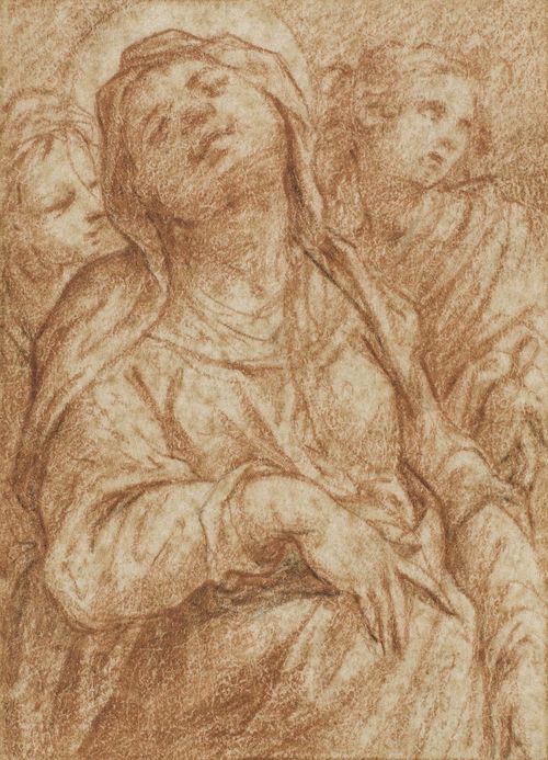 ITALIAN, 17th c. A saint in ecstasy held by two angels. Red chalk. Mounted. Old inscription in black pen: Rötelstiftzeichnung von Zampieri Domenico genannt Domenichino.... 8 x 5.8 cm. Framed.