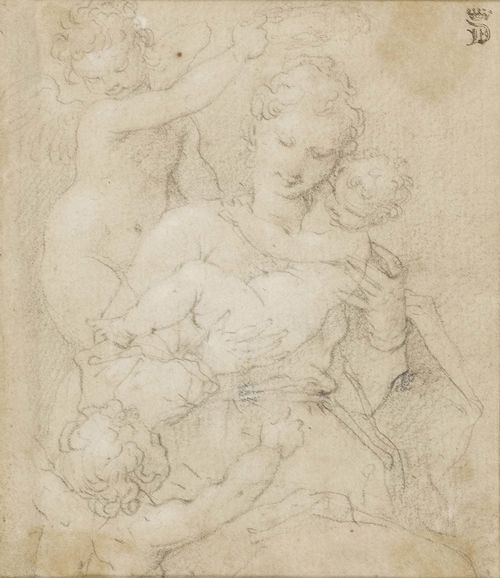 School of PARMIGIANINO (GIROLAMO FRANCESCO MARIA MAZZOLA) (Parma 1503 - 1540 Casalmaggiore), The Virgin with Child and St John the Baptist. Black chalk. 14.5 x 11.9 cm. Framed. Provenance: - Earl of Dalhousie, Scotland, Lugt 717a - Private collection, Switzerland