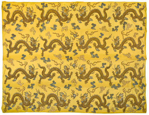 A YELLOW-GROUND APPLIQUE SILK HANGING.