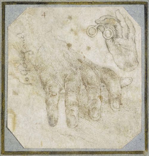 GERMAN, 16th c. Two studies of a hand, one of them with spectacles. Brown pen. Old number upper left in brown pen: 4. Old inscription in the left margin (not identified). 8.7 x 8.3 cm (all four corners trimmed). Framed.