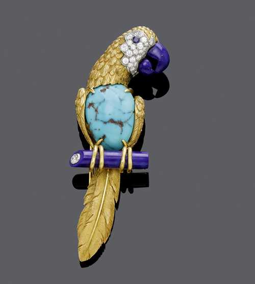 TURQUOISE, LAPIS LAZULI AND DIAMOND CLIP BROOCH, France, ca. 1970.