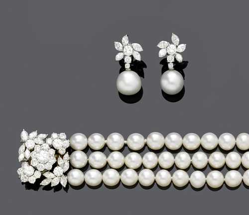 PEARL AND DIAMOND NECKLACE WITH EAR PENDANTS, ca. 1980.