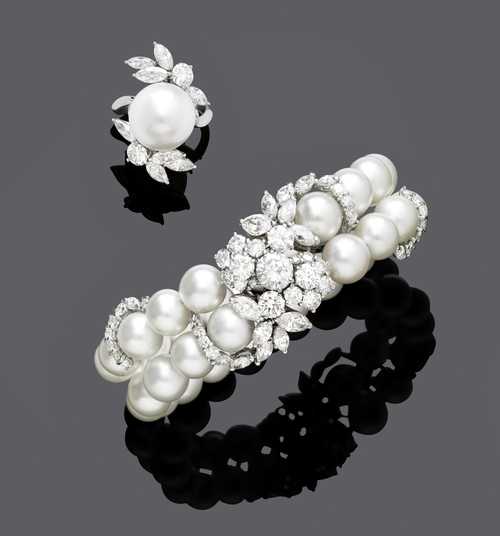 PERLEN-DIAMANT-ARMSPANGE MIT RING, um 1980.