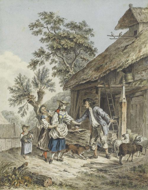 FREUDENBERGER, SIGMUND (1745 Bern 1801).Rural scene: a farmer in front of his farmhouse with a spring and sheep greeting two young women. Old hand-coloured engraving, 20.7 x 16.5 cm. Old mount. Gilt frame.