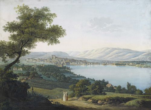 GENEVA.-Jean-Antoine Linck (1766-1843). View of Geneva and the Lake of Geneva. Hand-coloured engraving, 35.3 x 45.5 cm. Printed signature lower right in the image: fec. par J.Ant. Linck. Old mount. Black gouache bordering. Framed.