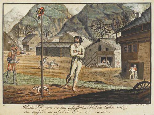 WALZ, JOSEF (active in early 19th c. in Überlingen).Lot of six works with scenes from the William Tell Story, circa 1815/16. Black pen drawing, watercolour and heightened in white. Circa 20 x 30 cm each. Black pen bordering. Title in black pen below, signed and dated lower right: Jos. Walz 1815 bz. 1816. In period frames.