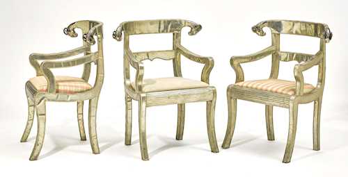 SET OF 3 CHAIRS WITH METAL FITTINGS,
