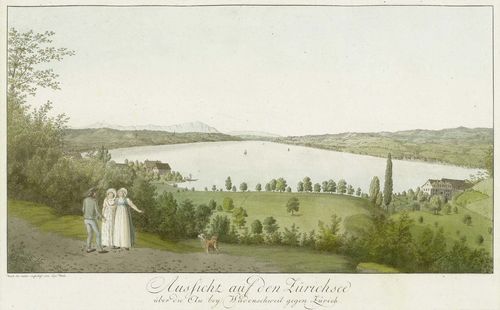 LAKE OF ZURICH.-Salomon Meili (1769-1817). Aussicht auf den Zürichsee über die Au bey Wädenswil gegen Zürich, circa 1810. Nach der Natur verfertigt von Sal. Meili. Old hand-coloured engraving, 25.7 x 45.5 cm. Gilt frame.