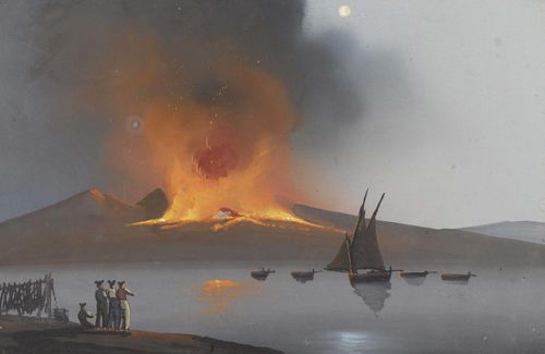 ITALY.-Anonymous, 19th c. Fisherman observing a volcano in eruption. Gouache, 16 x 25.5 cm (sight). Framed.