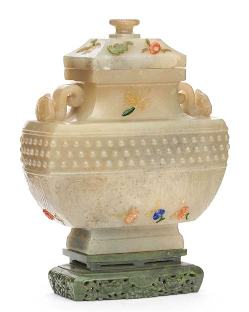 A POLYCHROME-OVERLAY JADE VASE AND COVER.