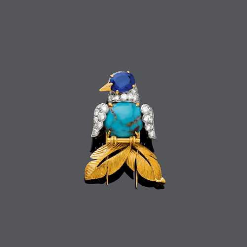 SAPPHIRE, TURQUOISE AND DIAMOND CLIP BROOCH, BY CARTIER, ca. 1960.