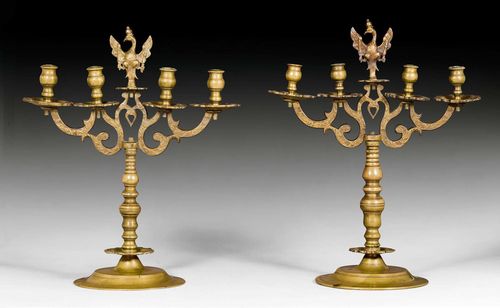 PAIR OF SHABBAT CANDLEHOLDERS,Baroque, Eastern Europe, early 18th century. Bronze. H 50 cm.