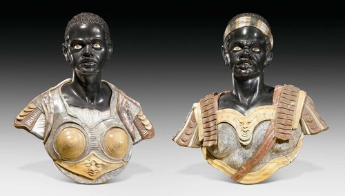 PAIR OF MOOR BUSTS,late Baroque, in the style of M. BARTHEL (Melchior Barthel, 1625 Dresden 1672), Venice circa 1880. Black, white and polychrome marble. H approx. 78 cm. Provenance: from a highly important European private collection.