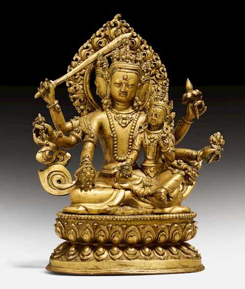 銅合金鎏金文殊菩薩和妙音佛母像。