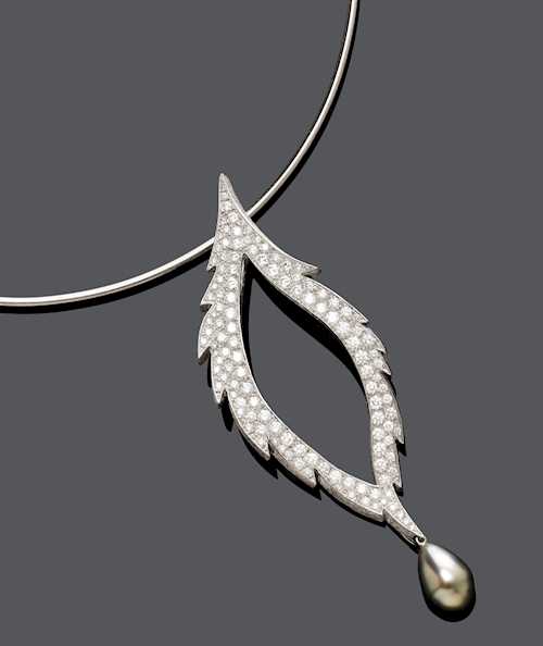 DIAMOND AND PEARL PENDANT/BROOCH WITH NECKLACE, BY GRIMA, ca. 1990.