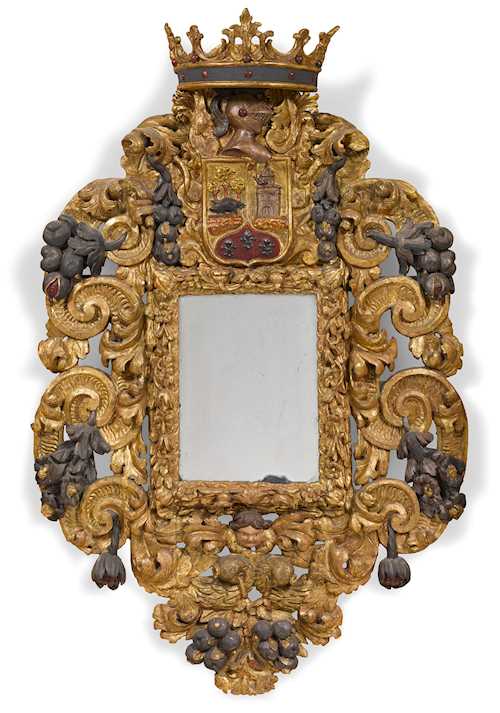 LARGE CARVED MIRROR WITH COAT-OF-ARMS CARTOUCHE,
