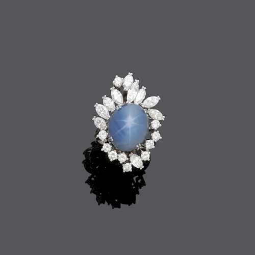 STERNSAPHIR-DIAMANT-RING, um 1970.