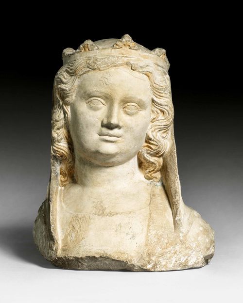 BUST OF A MADONNA,Gothic type, Burgundy, probably 15th century. Carved stone with remains of paint. Restorations. H 38 cm.