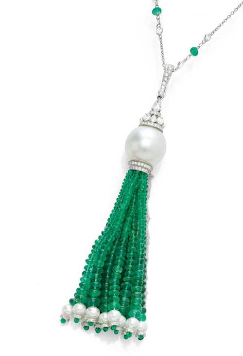 PEARL, EMERALD, TOPAZ AND DIAMOND SAUTOIR.