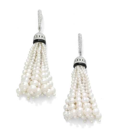 PEARL, ONYX AND DIAMOND EAR PENDANTS.