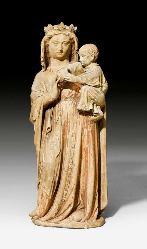 MADONNA AND CHILD,Gothic, Burgundy circa 1360/80. Limestone carved full round with remains of later paint. Head of the Madonna repaired. Child's head possibly later. H 91 cm.