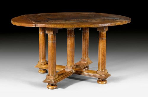 CENTER TABLE WITH HINGED SIDES,early Baroque, probably Piedmont, 17th century. Walnut. Iron mounts. 99x99x75 cm. D max. 139 cm.