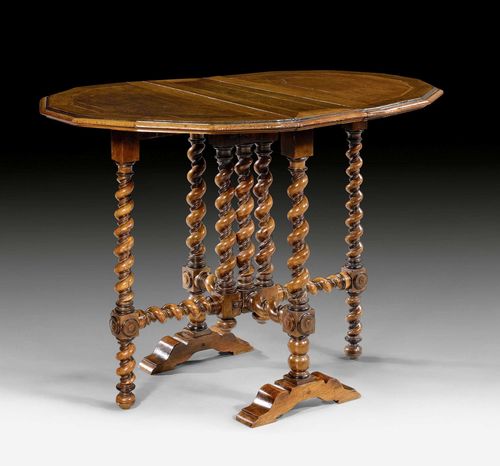 SMALL GATE-LEG TABLE,early Baroque, probably central Italy circa 1650/80. Walnut and local fruitwoods inlaid with reserves and fillets. 93(max.)x69x67 cm.
