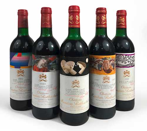 LOT VON 5 FLASCHEN: 1 Fl. Pauillac Ch. Mouton Rothschild 1er Grand Cru Classé 0.75 L 1984 ; 1 Fl. Pauillac Ch. Mouton Rothschild 1er Grand Cru Classé 0.75 L 1985 ; 1 Fl. Pauillac Ch. Mouton Rothschild 1er Grand Cru Classé 0.75 L 1986 ; 1 Fl. Pauillac Ch. Mouton Rothschild 1er Grand Cru Classé 0.75 L 1987; 1 Fl. Pauillac Ch. Mouton Rothschild 1er Grand Cru Classé 0.75 L 1988