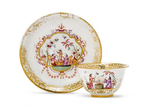 TEA BOWL AND SAUCER WITH "HAUSMALER" DECORATION