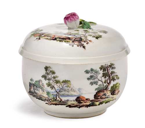 A SUGAR BOWL WITH LANDSCAPE PAINTING