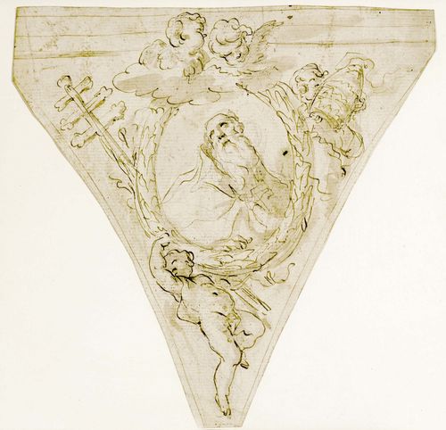 DIZIANI, GASPARE (Belluno 1689 - 1767 Venice) Church dignitary with insignia and putti. Design for a spandrel. Pen in brown with brown wash. 25.5 x 24 cm (unevenly cut). Framed. The attribution has been supported by  Anna Paola Zugni-Tauro