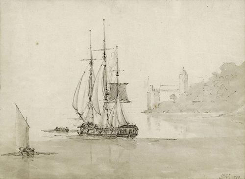 VOLAIRE, JACQUES PIERRE (Toulon 1729 - 1802 Naples) Ships before a coastal landscape. Black crayon with grey wash. Monogrammed and dated lower right: JPV 1787. 24.5 x 33.2 cm. Framed.