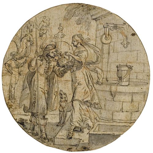 MEYER, CONRAD (1618 Zurich 1689) Jacob at the well. Design for an embroidery. Black pen with grey wash. Verso red chalk. Old inscription verso: Dessin de Conrad Meyer. 9.5 (round).