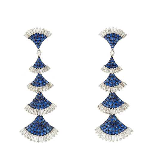 SAPPHIRE AND DIAMOND EAR PENDANTS.