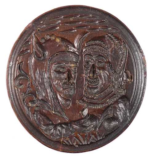 ROUND BAKING MOULD &quot;THE DEVIL DRESSED AS A JESTER, SEDUCING A WOMAN&quot;