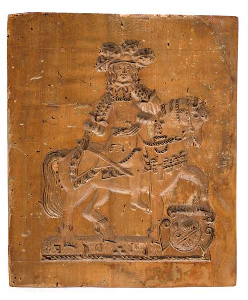 DOUBLE-SIDED BAKING MOULD WITH A MAN ON HORSEBACK AND A WOMAN AT A SPINNING WHEEL