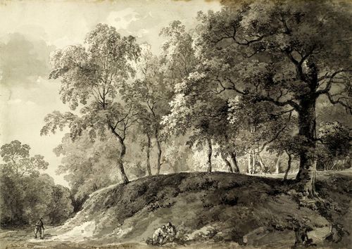 DILLIS, GEORG MAXIMILIAN JOHANN VON (Gmain 1759 - 1841 Munich) Idyllic forest scene with kneeling figures, a walker and a deer. Pen and brush in grey. Black pen outer line. Signed and dated lower left in brown pen:G.Dillis f. 1791. Inscribed: (unidentified). 24 x 34 cm.