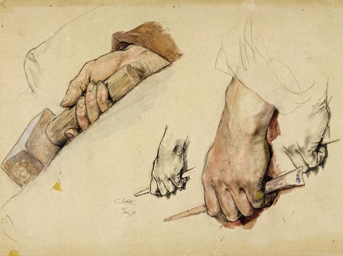 GEHRTS, CARL (Hamburg 1853 - 1898 Endenich) Several hand studies on one sheet, 1891. Black pen, black crayon, watercolour. Signed and dated in black pen: C.Gehrts 12.Mai (1891) 29.5 x 38.7 cm.