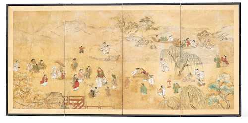 A FOUR-FOLD BYOBU DEPICTING LEISURELY ACTIVITIES AT A LAKE SHORE.
