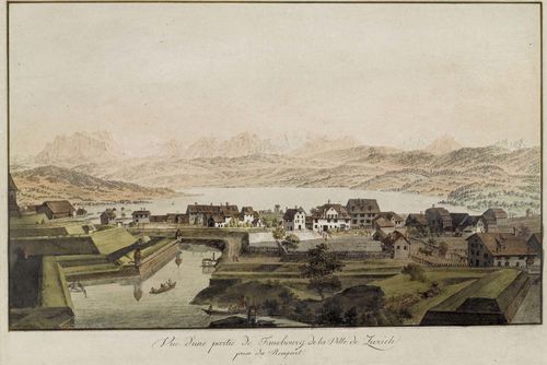 BLEULER, JOHANN HEINRICH (Zollikon 1758 - 1823 Feuerthalen).Vue d'une partie de Fauxbourg de la Ville de Zurich prise du Rempart é Zurch. Chez H. Bleuler. Original coloured etching. 21.6 x 35.3 cm. Gold frame. - Slightly but evenly stale. Overall good condition. - Rare.