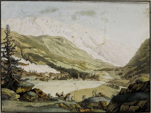 HACKERT, CARL LUDWIG (Brenzlau 1740 - 1796 near Morges).Vue de la Vallée de Chamouny pris près d'Argentière, 1780. Etching with original colour, 35.6 x 47 cm. With engraved title on the lower left margin, and signed and dated to the right. - Slight foxing and some browning in the upper area of the picture. The margins with scattered small tears.